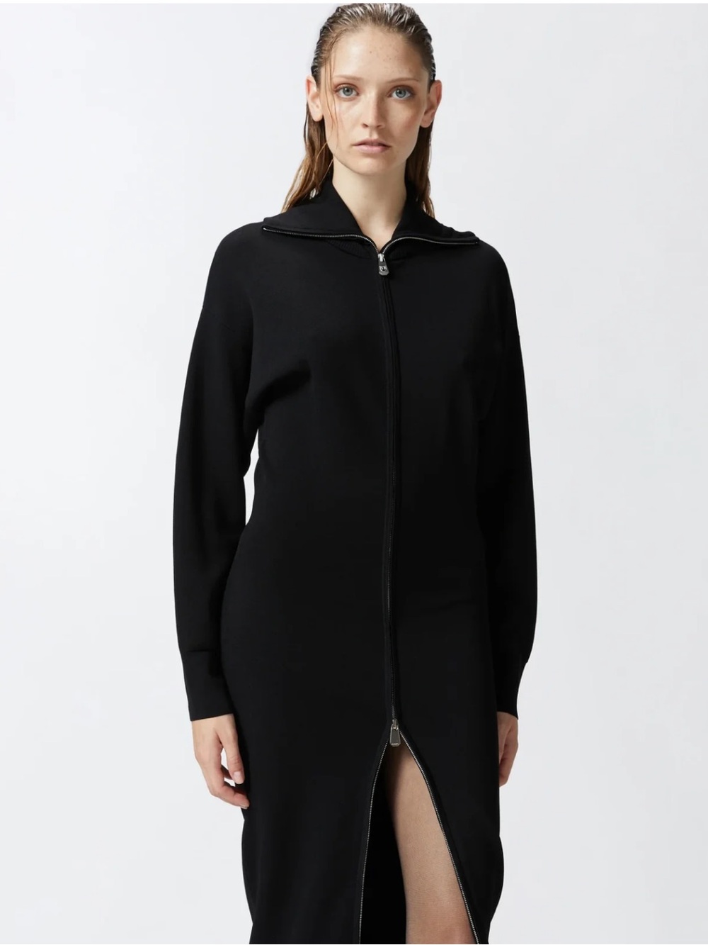 Pinko Black Zip-Front Knitted Quiet Luxury Designer Full Length Dress Sz  Small